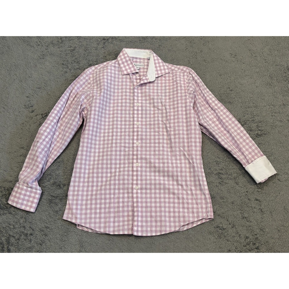 Bachrach Mens Dress Shirt 15 32/33 Pink Plaid Long Sleeve Button Career Office